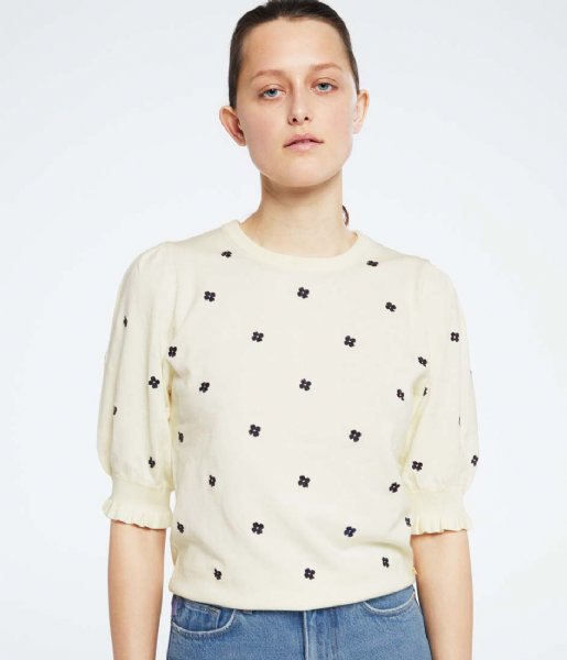 Fabienne Chapot  Holly Short Sleeve Embro Pullover Cream White/Navy (1003-3610-UNI)
