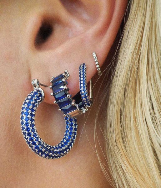 LUV AJ  Pave Baby Amalfi Hoops Blue Sapphire Silver Plated