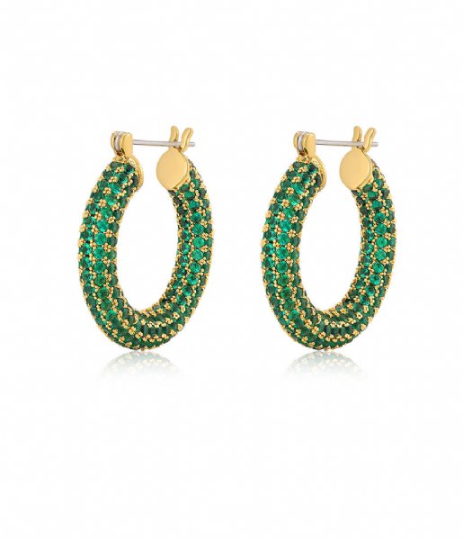 LUV AJ  Pave Baby Amalfi Hoops Green Emerald Gold Plated