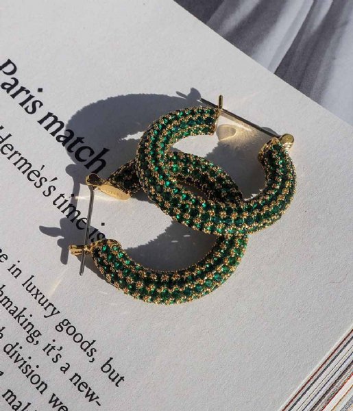 LUV AJ  Pave Baby Amalfi Hoops Green Emerald Gold Plated