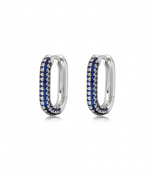 LUV AJ  Pave Chain Link Huggies Blue Sapphire Silver Plated