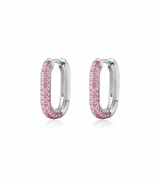 LUV AJ  Pave Chain Link Huggies Pink Silver Plated