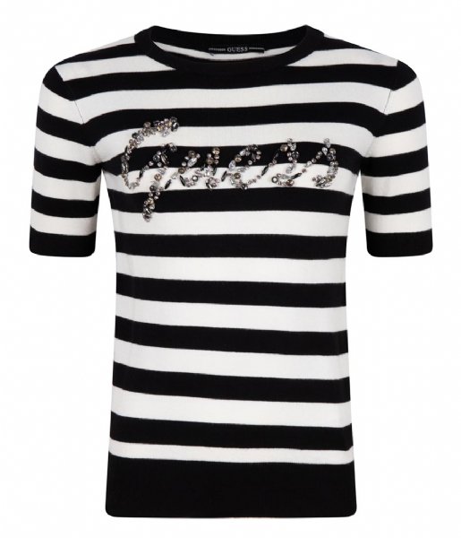 Guess  Edith Rn Short Sleeve Sweater White And Black Stripe (S052)