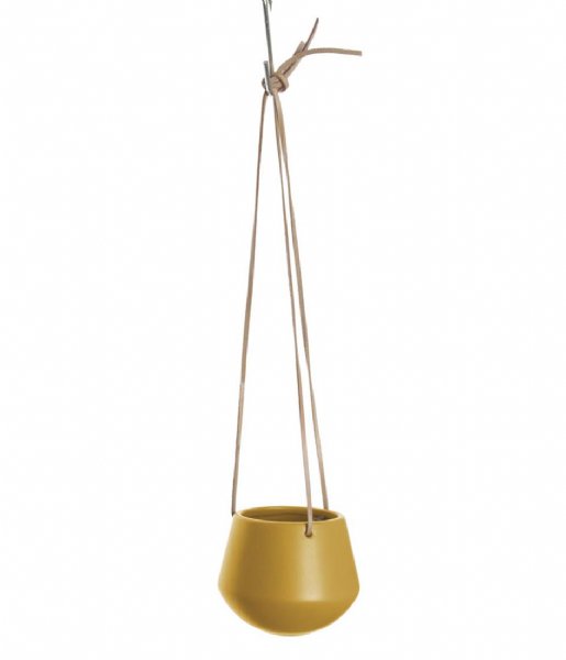 Present Time  Hanging pot Skittle ceramic small Leather cord ochre yellow (PT2845YE)