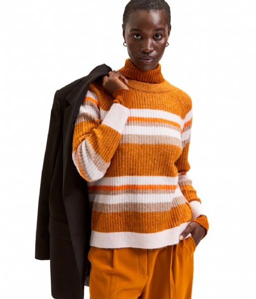 Selected Femme  Star Knit Rib Strip O-Neck M Pumpkin Spice