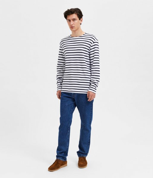 Selected Homme  Briac Stripe Long Sleeve O-Neck Tee Bright White