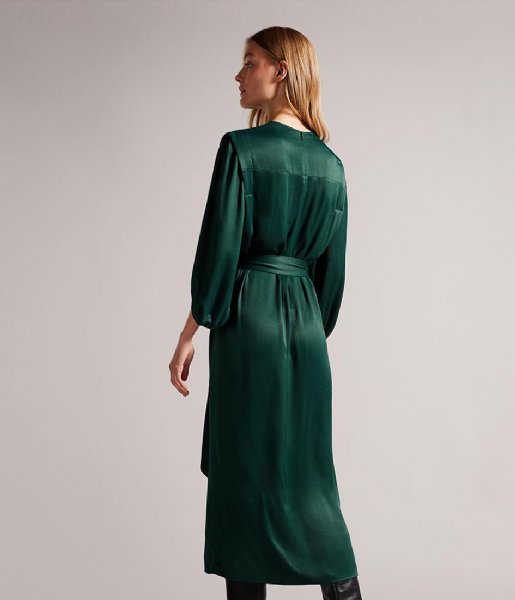 Ted Baker  Josina Belted Midi Dress Exaggerated Shoulder Dark Green