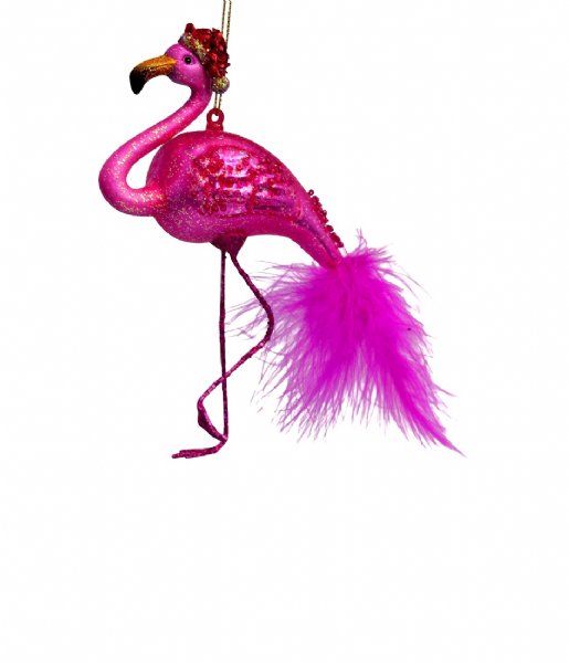Vondels  Ornament glass fuchsia flamingo christmas hat H15cm Fuchsia