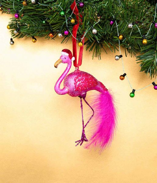 Vondels  Ornament glass fuchsia flamingo christmas hat H15cm Fuchsia